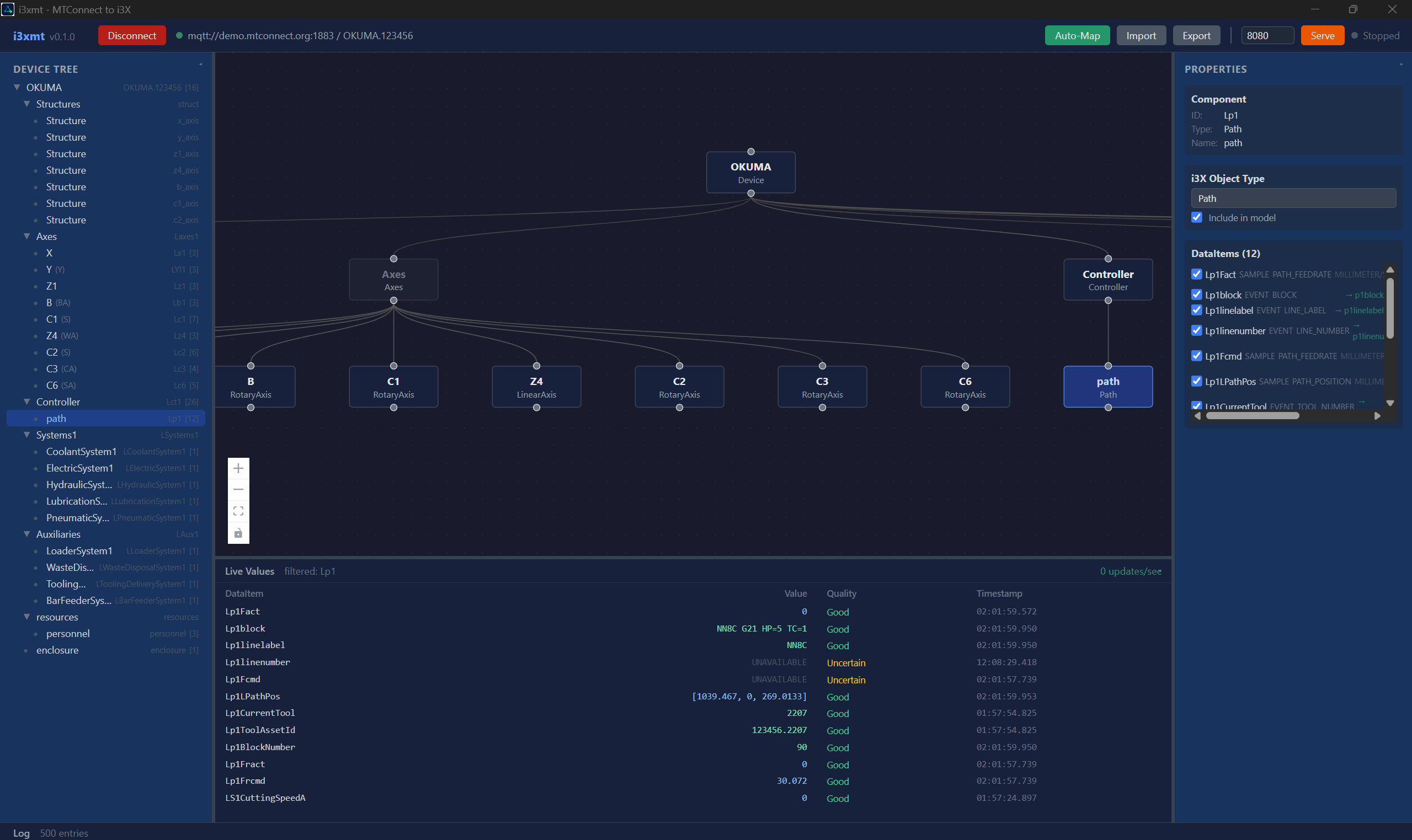 i3xmt desktop application showing MTConnect device model with visual mapping designer